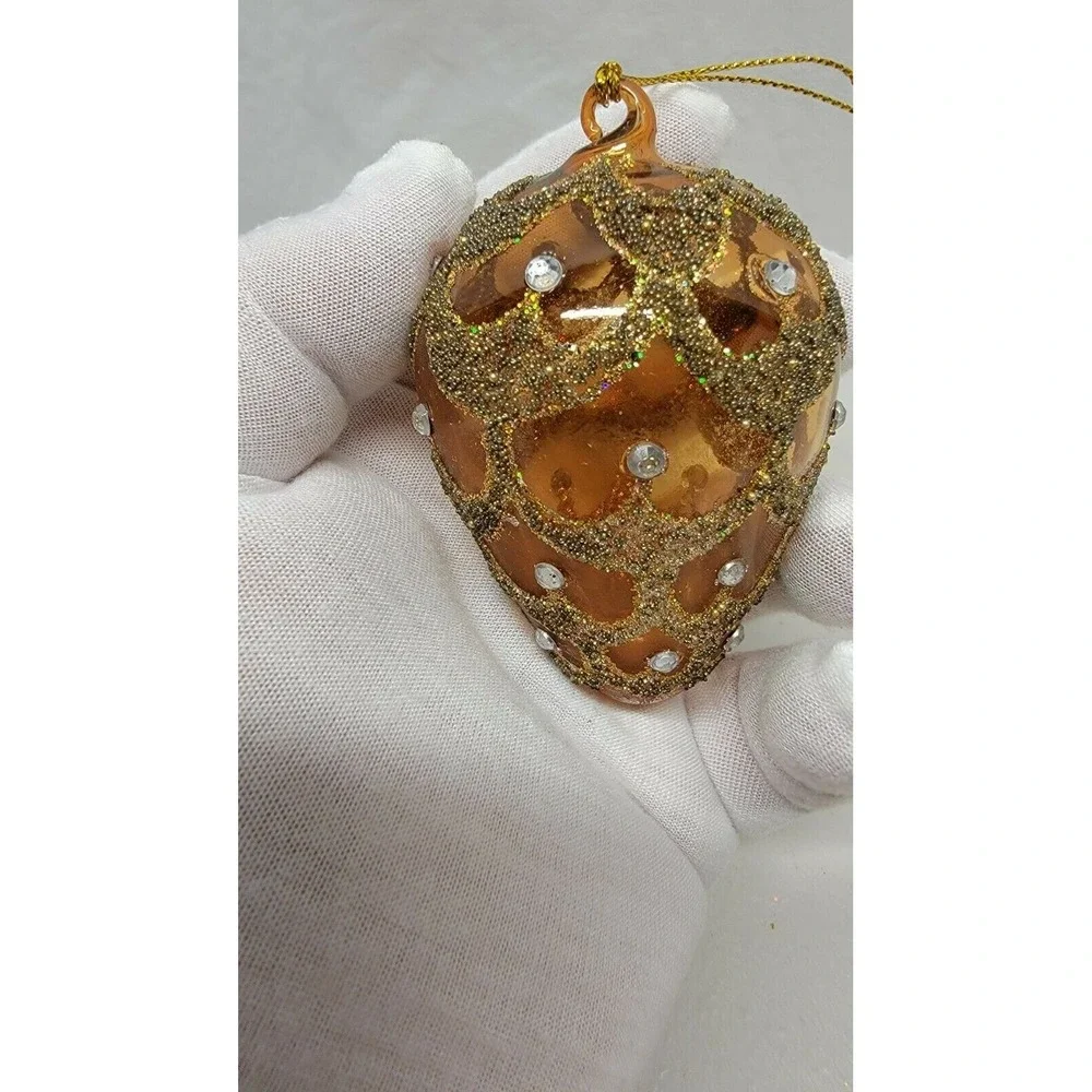 Vintage Poland Glass Pinecone Ornament Brown Gold Glitter Rhinestone 630t 1980